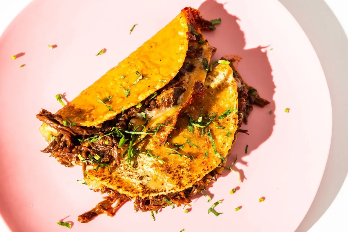 Birria tacos on a pink plate with a hard shadow