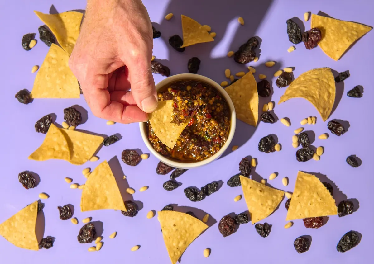 Chips and salsa on lilac, second angle