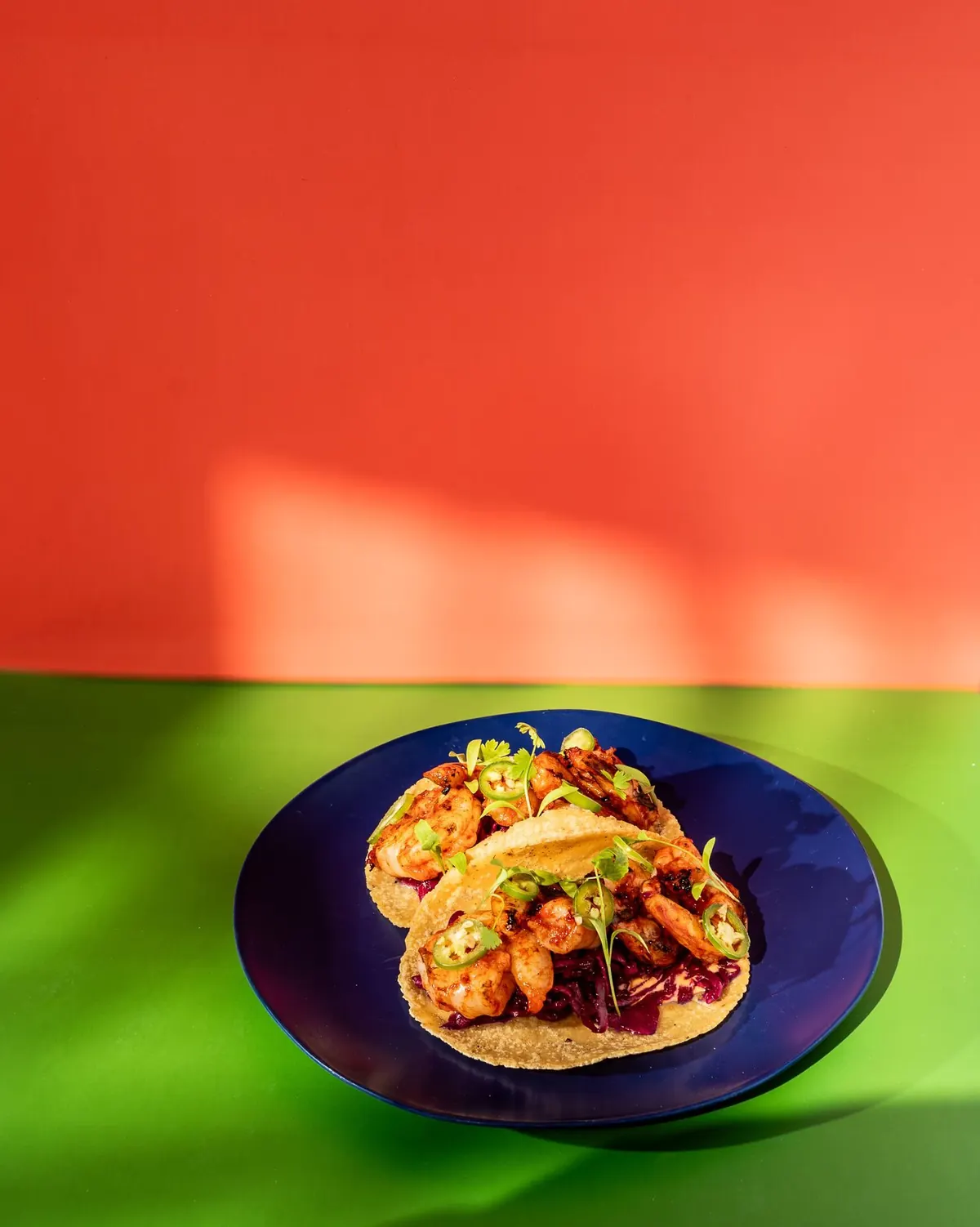 Shrimp tacos on a blue plate, orange wall, green table