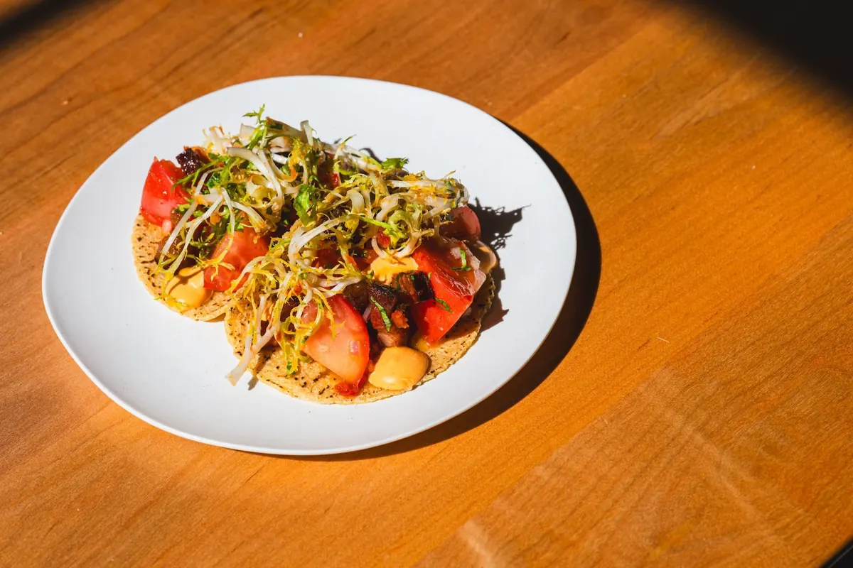 Tostada with tomato and sprouts on a sunlit wood table